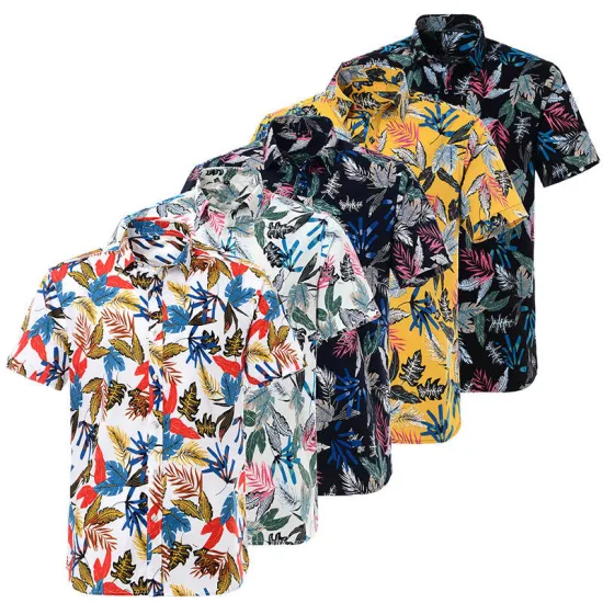 Оптовая торговля летом хлопка цифровой печати мужчин с коротким рукавом гавайские рубашки